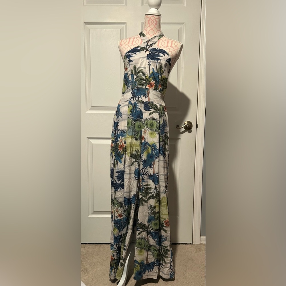 Tropical Print Halter Jumpsuit